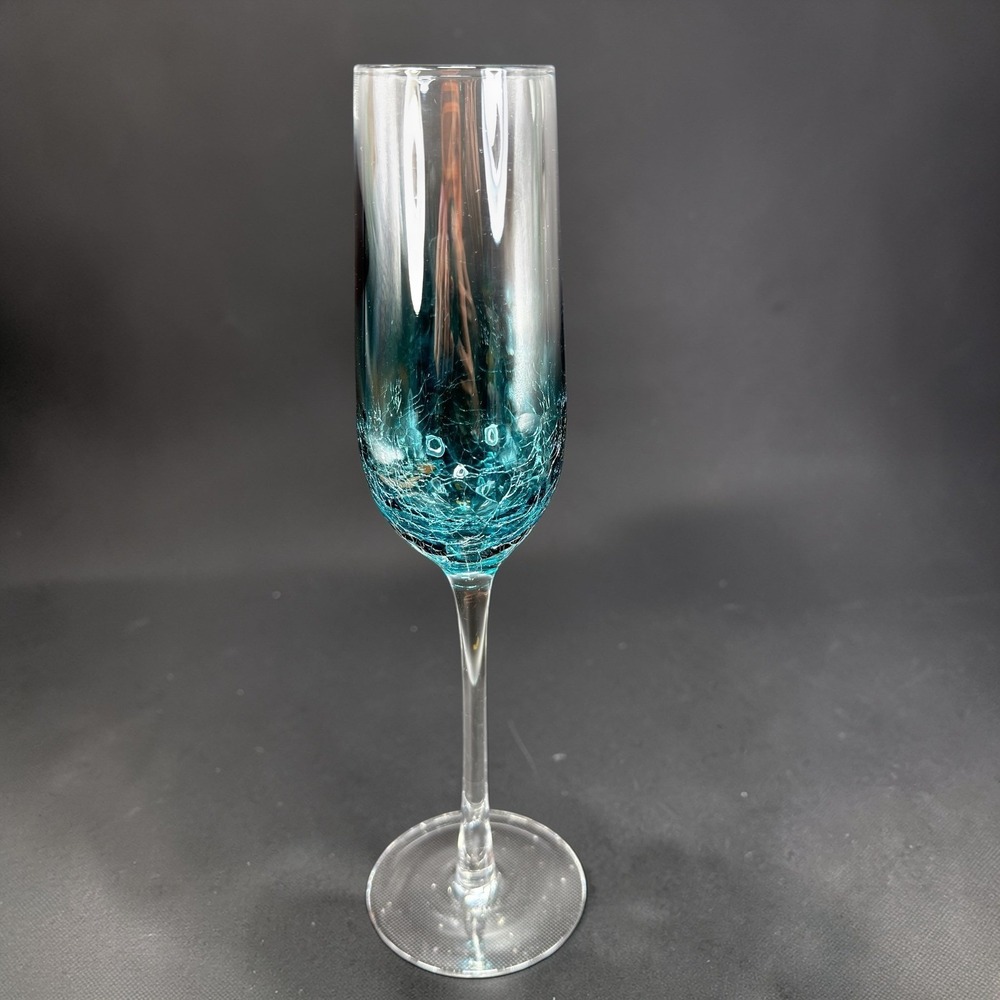 Pier 1 Teal Blue Crackle Glass Champagne Flute Barware Cup Stemware Stemware